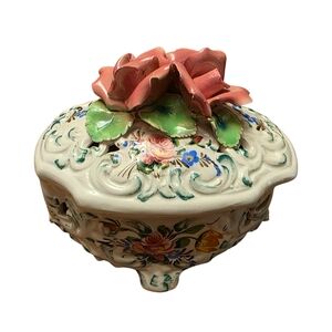 Vintage Italian Floral Capodimonte Porcelain Dish With Lid